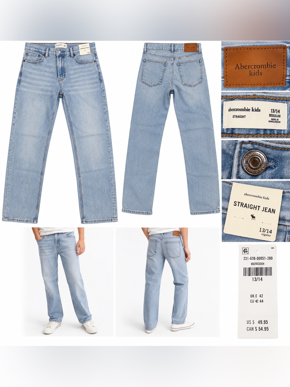 NWT Abercrombie Kids Straight Jeans Light Wash Size 13/14 Regular